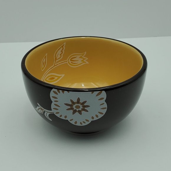 Longaberger Pottery Brown Floral Rice Bowls Dip Dipping Bowls Flowers Leaves - Picture 11 of 13